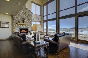 living room fireplace and views